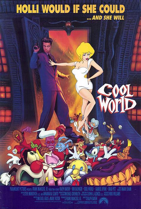 Cool World (1992) A Ralph Bakshi film, starring Gabriel Byrne, Kim Basinger & Brad Pitt Cool World 1992, Film 1990, Cool World, Ralph Bakshi, Tex Avery, Kim Basinger, World Movies, Roger Rabbit, Fantasy Films