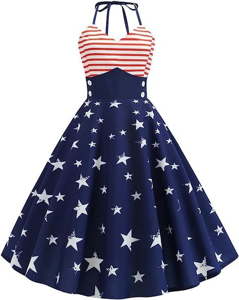 Patriotic Dress for Women: American flag dress features a stylish halter neck / spaghetti straps/ sleeveless v neck design, red and white striped and white stars print, coupled with an A-line swing style and midi length, which is perfect for summer occasions. The American flag print adds a touch of patriotism and personality to your outfit, making you stand out from the crowd. A-line silhouette and fitted waist red white and blue dress for women for july 4th create a slimming effect. 1950s Dress Formal, Aline Dress Pattern, Captain America Outfit, Patriotic Costumes, 1950 Vintage Dresses, American Flag Dress, Island Outfits, Spirit Week Outfits, 4th Of July Dresses