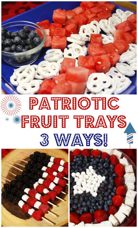 Patriotic Fruit Trays - 3 Ways! Easy to make red, white, and blue fruit platters for the summertime. Berry Kabobs, Blue Desserts Recipes, Red White And Blue Fruit, Memorial Day Desserts, Fruit Platters, Fruit Trays, Blue Fruit, Patriotic Food, Patriotic Desserts