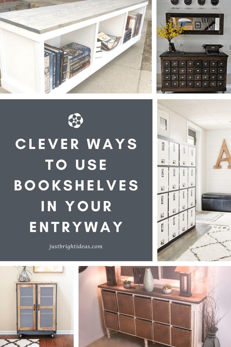 Entryway Ideas With Bookshelf, Repurposed Bookcase Ideas, Bookshelf In Entryway, Repurposed Bookshelf Ideas, Bookshelf Entryway Ideas, Entryway Bookshelf Ideas, Repurpose Bookshelf Ideas, Entryway Bookshelf, Bookshelf Entryway