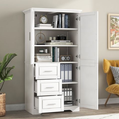 Tall and Wide Storage Cabinet with Doors and Three Drawers - Bed Bath & Beyond - 39220026 White Linen Cabinet, Wide Cabinet, Armoire Entree, Tall Bathroom Storage Cabinet, Tall Bathroom Storage, Storage Cabinet With Doors, Freestanding Storage Cabinet, White Storage Cabinets, Freestanding Bathroom Cabinet