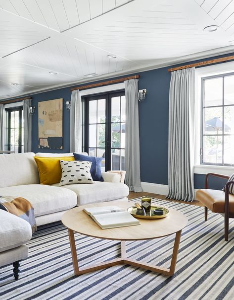 16 Stunning Shiplap Ceiling Design Ideas You Should Know Best Blue Paint Colors, Portland House, Furnitur Ruang Keluarga, Shiplap Ceiling, Blue Paint Colors, Ideas Hogar, Emily Henderson, Glass Cabinet Doors, Family Room Design