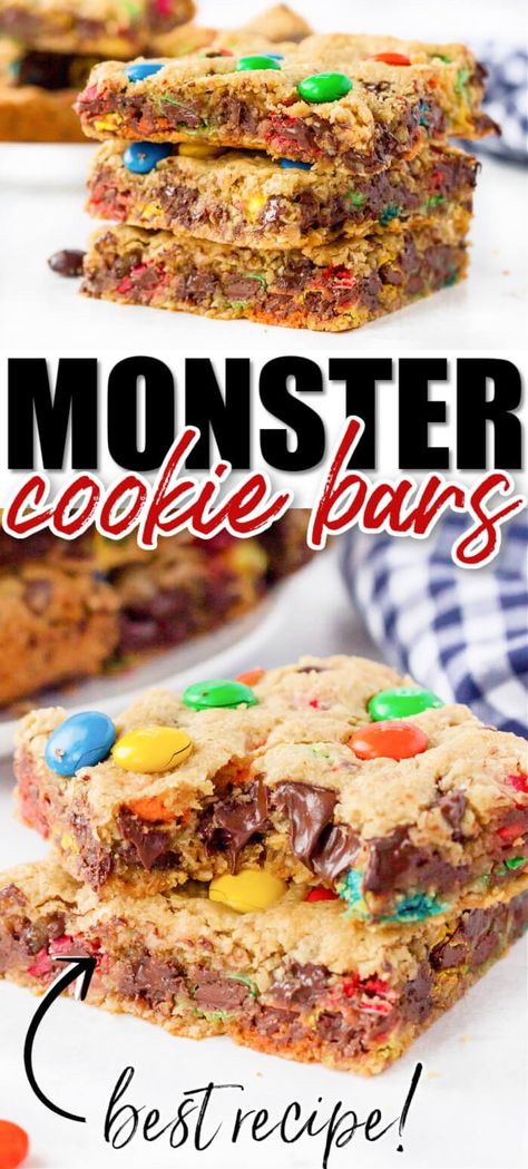 EASY MONSTER COOKIE BARS RECIPE Monster Bars Recipe With Oatmeal, Shareable Desserts Parties, Monster Cookie Bars Recipe, Shareable Desserts, Fancy Cooking, Easy Brownie, Peanut Butter Oatmeal Bars, Monster Cookies Recipe, Simple Desserts