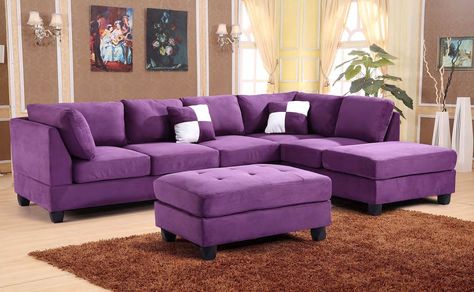 Purple Living Room Furniture, Mismatched Living Room Furniture, Purple Furniture, Purple Couch, Purple Living Room, Chairs Bedroom, Purple Sofa, Sectional With Ottoman, Purple Rooms