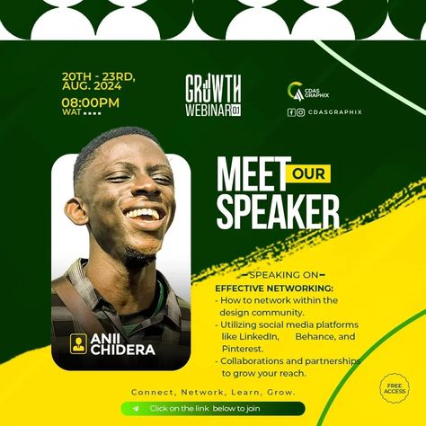 🌟 Meet Our Speaker: Anii Chidera*🌟 We're excited to introduce Anii Chidera, who will be leading a session on "Effective Networking" at our upcoming Growth Webinar 0.1 for Creatives and Content Creators. Anii Chidera is a seasoned expert in building meaningful connections and leveraging networks for personal and professional growth. His insights and strategies will empower you to expand your reach, collaborate with like-minded individuals, and create opportunities that propel your creative j... Webinar Flyer Design, Webinar Flyer, Webinar Design, Meaningful Connections, Speaker Design, Professional Growth, Content Creators, Content Creator, Social Media Platforms