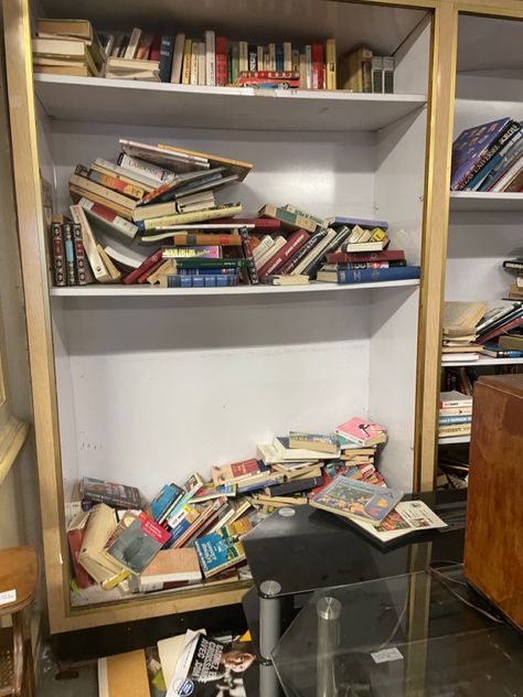 Messy Book Shelf, Messy Bookshelf Aesthetic, Messy Bookshelf, Exam Photography, Messy Books, Alchemist Lab, Bookshelves Aesthetic, Ivy Room, Bookshelf Aesthetic