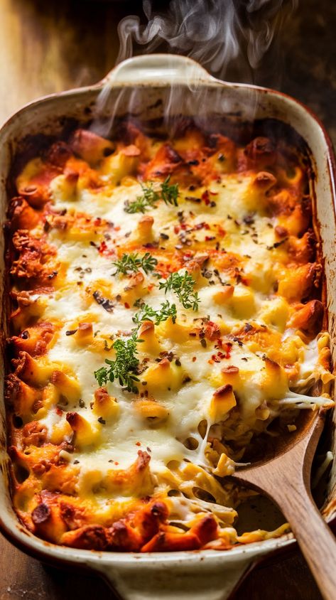 Overhead view of steaming Johnny Marzetti casserole with cheese pull, wooden spoon, herbs, and red pepper flakes under warm light. Johnny Marzetti Recipe Casseroles, Marzetti Recipes, Johnny Marzetti Casserole Recipe, Johnny Marzetti Recipe, Johnny Marzetti Casserole, Marzetti Casserole, Comfort Food Casserole, Ground Beef Noodles, Johnny Marzetti