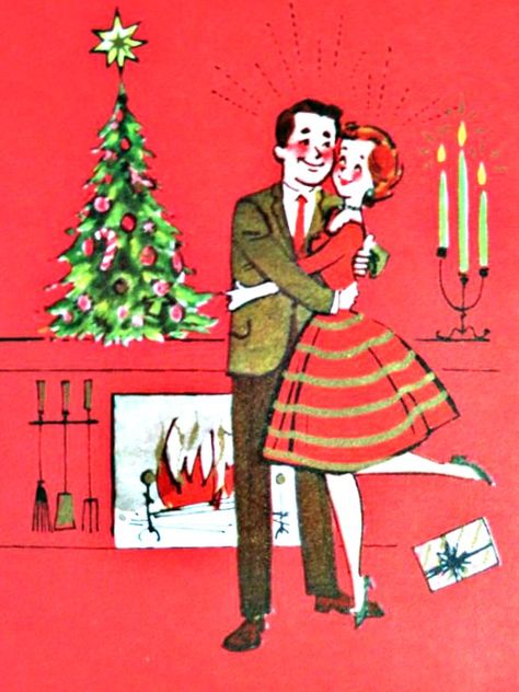 vintage retro Christmas couple, red derss, fireplace, tree, candles MCM Retro Christmas Decorations, Vintage Holiday Cards, Vintage Christmas Card, Vintage Christmas Images, Merry Christmas Card Greetings, Mid Century Christmas, Christmas Wonderland, Old Fashioned Christmas, Christmas Couple