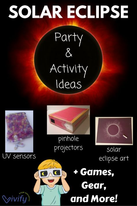 Solar Eclipse themed activities for home, classroom, or event including a guide and ideas on hosting your own solar eclipse viewing party! Solar Eclipse Party Theme, Solar Eclipse 4th Grade, Eclipse Activities For Middle School, Eclipse Inspired Food, Solar Eclipse Science Experiment, Eclipse Science Project, Eclipse Experiments For Kids, Solar Eclipse Lesson Plan, How To View A Solar Eclipse