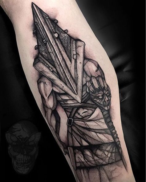 Pyramid Head Tattoo, Fandom Tattoos, Pyramid Head, Head Tattoo, Scary Tattoos, Spooky Tattoos, Horror Tattoo, Skull Tattoo Design, Head Tattoos