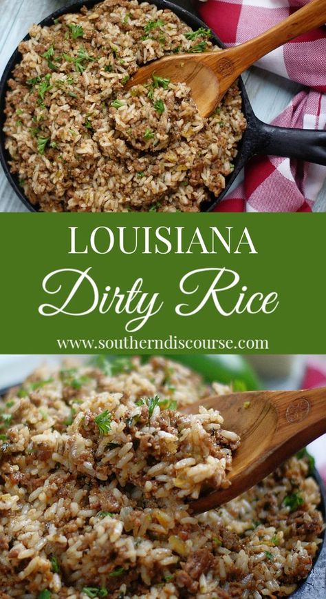 Louisiana Dirty Rice, Cajun Rice Recipe, Southern Discourse, Dirty Rice Recipe, Cajun Rice, Rice Side Dish Recipes, Cajun Dishes, Cajun Creole Recipes, Dirty Rice