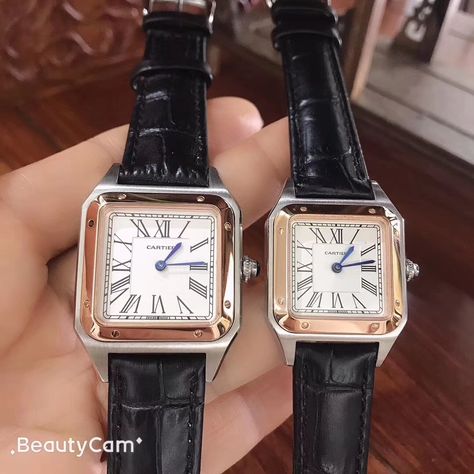 Cartier Santos Dumont Women, Cartier Dumont, Rose Gold Cartier, Cartier Santos Dumont, Cartier Tank Solo, Mens Bangles, Tank Watch, Black Leather Watch, Couple Watch