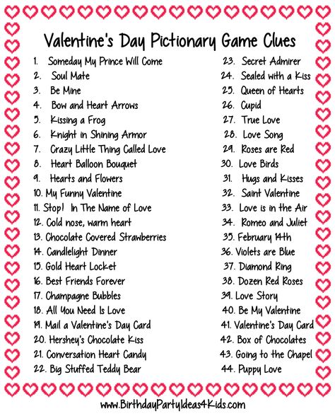 Valentine's Day Pictionary Game Clues - 44 fun and unique Pictionary clues with a Valentine's Day theme.  Fun for classroom and birthday parties!  Full instructions on how to play the game and free printable clues. #valentinesday #game #classroom #kids #birthday #teachers #moms #free #printable http://birthdaypartyideas4kids.com/valentine-pictionary-game.html Valentines Pictionary Game, Valentines Day Pictionary For Kids, Galentines Party Games Free, Valentine’s Day Games For Classroom, Valentine’s Day Games For Adults, Valentine Banquet Ideas Church, Valentine’s Day Games, Valentines Games For Adults, Valentines Day Games For Adults