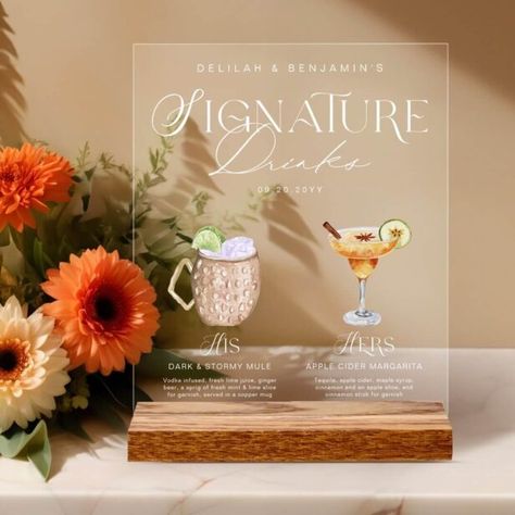 Signature Drink Wedding, Watercolor Drinks, Apple Cider Margarita, Cider Margarita, Drink Wedding, Mule Cocktail, Wedding Acrylic, Wedding Signature Drinks, Wedding Drinks