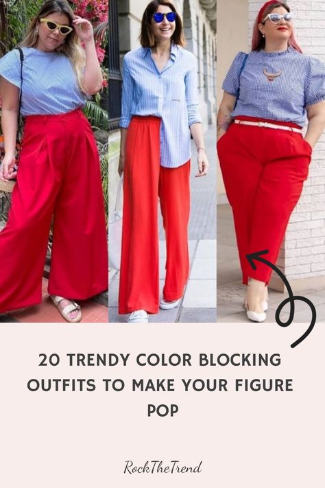 Three women wearing red trousers and blue tops, showcasing trendy color-blocking outfits. Color Blocking Outfits Classy, Standout Outfits, Orange High Heels, Casual Street Fashion, Pink Silk Dress, Color Blocking Outfits, Vibrant Style, Outfits Classy, Yellow Pants