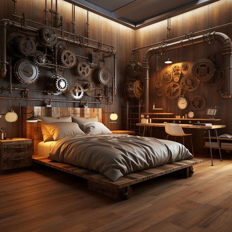 Travel back in time with these steampunk bedrooms, featuring vintage wood, industrial lighting, and an array of gears and clocks. #SteampunkBedrooms #VintageWood #IndustrialLighting #TimeTravelDesign Steampunk Aesthetic Room, Industrial Steampunk Interior Design, Steam Punk House, Steam Punk Bedroom, Punk Bedroom Ideas, Steampunk Bedroom Ideas, Steam Punk Room, Steampunk Room Decor, Barbie Hotel