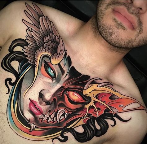 Evil Chest Tattoo, Good Vs Evil Tattoo Ideas, Good Vs Evil Tattoo, Evil Tattoo Ideas, Neo Traditional Chest Tattoo, Chest Tattoo Men Ideas, Good And Evil Tattoos, Detailed Tattoos, Full Chest Tattoos