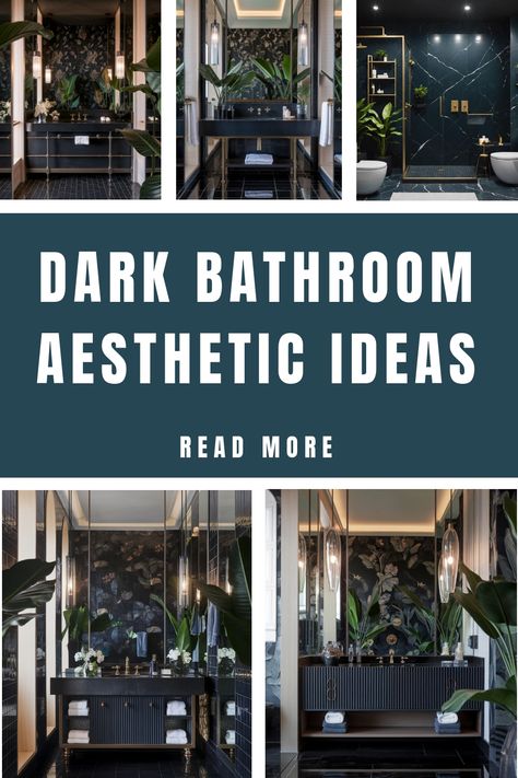 Dark bathroom with luxurious fixtures, moody lighting, and lush greenery. Bathrooms With Dark Walls, Jewel Tones Bathroom, All Black Small Bathroom, Moody Transitional Bathroom, Dramatic Bathroom Colors, Celestial Powder Room, Dark Colored Bathroom Ideas, Moody Blue Bathroom Ideas, Vintage Dark Bathroom