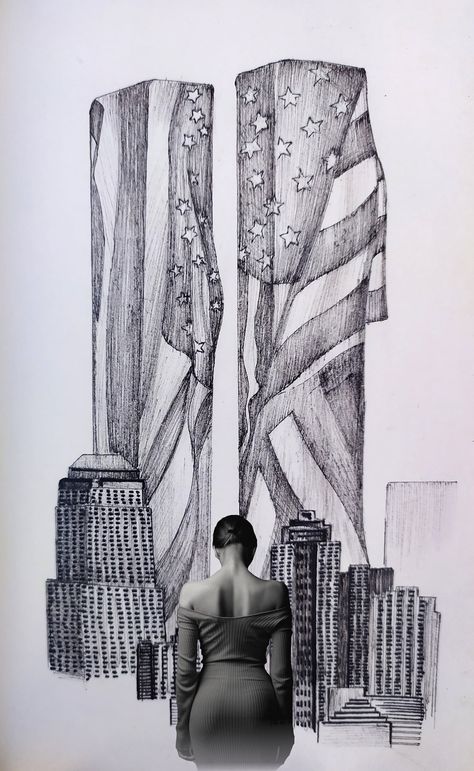 Twin Towers Drawing, Skyline Drawing, New York Tattoo, Airplane Drawing, Landscape Tattoo, Nyc Skyline, Trade Centre, Twin Towers, Manhattan New York