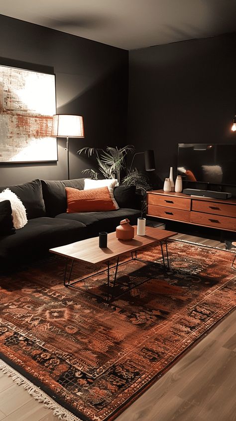 52 Black And Rust Living Room Decor Ideas Rustic Orange Living Room, Industrial Cozy Living Room, Black And Brown Living Room Ideas, Bachelor Living Room Decor, Rockstar Living Room, Rust Living Room Decor, Brown Black And White Living Room, Rust Couch Living Room Ideas, Black And Rust Living Room