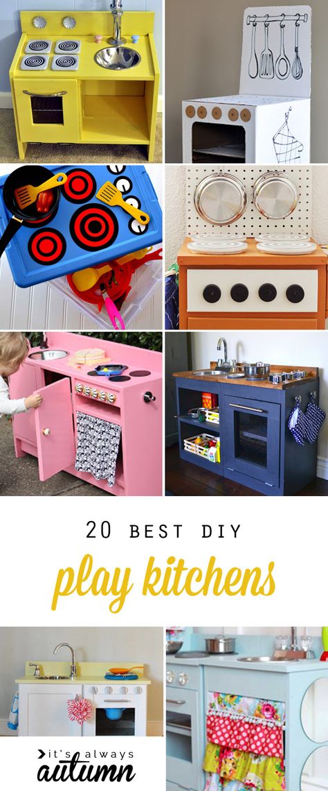 Play kitchens are a great Christmas gift! Learn how to build your own toy kitchen with these 20 best play kitchen tutorials. Click through for ideas and instructions to make an easy cardboard kitchen, a custom wood kitchen, kitchens made from thrifted furniture, and more! How To Build A Toy Kitchen, Cardboard Kitchen Diy For Kids, Diy Kid Kitchen, Diy Kids Kitchen Ideas, Diy Kitchen For Kids, Kids Kitchen Ideas, Diy Play Kitchen Ideas, Diy Toy Kitchen, Kids Kitchen Diy