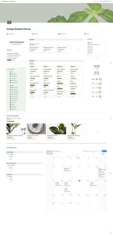 It consists of the following:

- flashcards
- notebooks
- Weekly, monthly and daily spreads
- Habit tracker
- Assessment tracker
- Group project organizer
- Wallet (financial planner)
- Portfolio (with digital resume)
- Library
- Coursework organiser and tracker
- Course tracker
- Report Card
- Goal tracker

Furthermore, you can customize and personalize the planner to suit your individual needs. For instance, you can add notes, to-do lists, or reminders to help you stay on track. Notion To Do List, Notion Green, Assessment Tracker, Class Schedule College, Notion Habit Tracker, Aesthetic Planners, Project Organizer, University Planner, Class Schedule Template