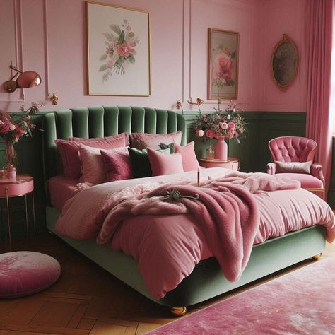 Pink and Green Bedroom Pink And Emerald Bedroom, Olive And Pink Bedroom, Pink Bedroom Color Palette, Green Velvet Bedroom Ideas, Pink And Green Rooms, Green Gold Bedroom, Green Pink Bedroom, Pink And Green Bedroom Ideas, Magenta Bedrooms