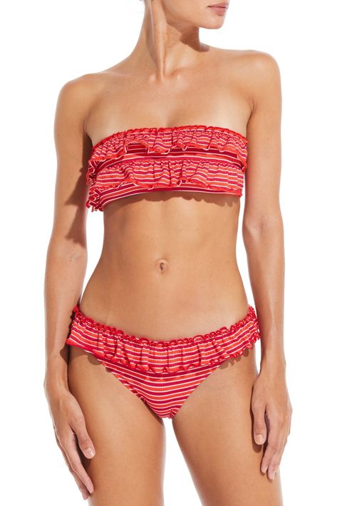 Fun & flirty, the Kaia Bikini Top is the perfect playful swimsuit. This strapless silhouette in this new seersucker stripe features a ruffle detailed front. Complete your look with the matching Kaia Bikini bottom. Elevate your sun-kissed look with the Mixed Eyelet Georgia Maxi Skirt. Cute Swimsuits, Solid & Striped, Coral Orange, Bathing Suits, Classic Style, Lounge Wear, Cute Outfits, Holidays, Boutique