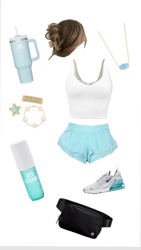 Preppy Blue Outfits Aesthetic, Blue Nike Shorts Outfit, Blue Lululemon Shorts Outfit, Preppy Fits Summer, Preppy Outfits For School Summer, Preppy Summer Outfits For School, Light Blue Shorts Outfit, Preppy Outfits For School, Gymwear Outfits