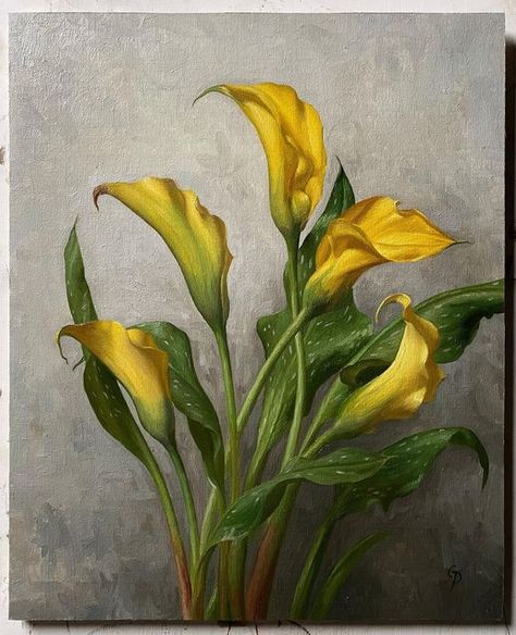 Grant Perry | Artist on Instagram: "“Yellow Calla Lilies” 13 1/2x16 1/2in, oil on mounted linen. Available (Link in bio)." Calla Lily Painting, Art Diary Ideas, Yellow Calla Lily, Contemporary Botanical Art, Playful Painting, Dynamic Painting, Calla Lily Flowers, Lily Painting, Diary Ideas