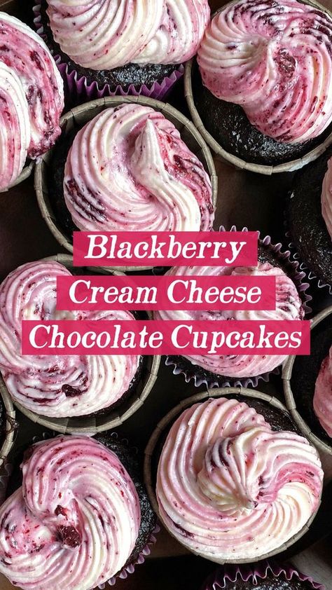 There is so much to love about these cupcakes, from the rich, moist chocolate cake base to the creamy and tangy blackberry cream cheese frosting. These Blackberry Cream Cheese Chocolate Cupcakes are the perfect treat to share with the whole family! Blackberry Cream Cheese, Cake Base, Gourmet Cupcakes, Rich Chocolate Cake, Moist Chocolate Cake, Baking Sweets, Dessert Cupcakes, Yummy Cupcakes, Cake Toppings