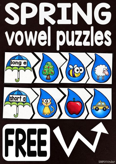 Spring Short and Long Vowel Puzzles - Simply Kinder Spring Lessons, Vowel Activities, Spring Kindergarten, Literacy Centers Kindergarten, Kindergarten Language Arts, Long Vowel, Kindergarten Ela, Kindergarten Centers, Long Vowels