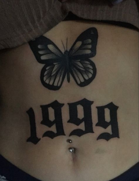 Year Tattoo Number With Butterfly, Butterfly Tattoo With Numbers, Butterfly Tummy Tattoo, Butterfly’s On Stomach Tattoo, Big Butterfly Tattoo On Buttcheek, Belly Button Tattoo, Oni Tattoo, Grunge Tattoo, Inkbox Tattoo