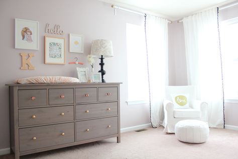 Vaguely Mauve, Glam Nursery, Feminine Nursery, Ikea Hemnes Dresser, Nursery Paint Colors, Best Gray Paint, Best Gray Paint Color, Soft Nursery, Nursing Room