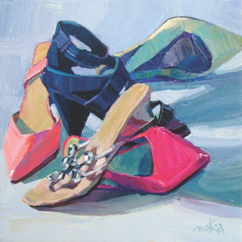 Bell Shoes, Block Painting, Strappy Shoes, Still Life Drawing, Daily Painting, Crazy Colour, Painting Still Life, Still Life Art, Shoe Art