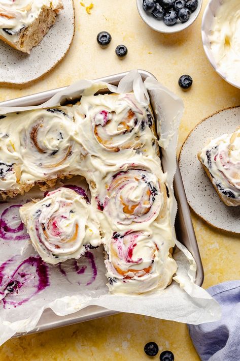 Lemon Lover's Lemon Blueberry Sweet Rolls | Ambitious Kitchen Blueberry Sweet Rolls, Savory Brunch Recipes, Brunch Dessert, Blueberry Filling, Lemon Cream Cheese Frosting, Lemon Cream Cheese, Family Brunch, Instagram Recipes, Ambitious Kitchen