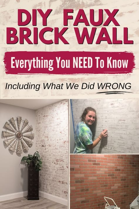 Thinking of putting a farmhouse style faux brick wall in your house? See how to make a faux brick wall out of drywall mud. This was an easy, cheap DIY project in our finished basement but there IS one mistake we made! See what panels we used and we would do differently if we ever added a fake brick wall diy style again. One of the easiest faux brick wall diy tutorials to follow. Plenty of faux brick wall german smear tips included. Diy Faux Brick Wall, Diy Brick Wall, Faux Brick Wall Panels, Fake Brick, Faux Brick Wall, Do It Yourself Decoration, Bar Deco, Brick Wall Paneling, Brick Accent Wall