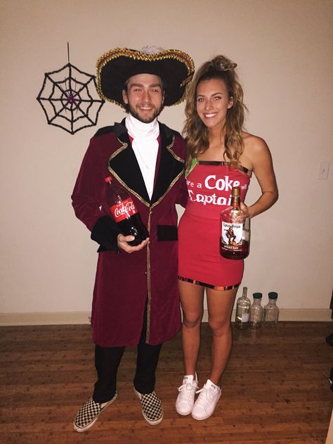 Captain and coke #halloween #halloweencostume #couplescostume Captain And Coke Costume, Nascar Halloween Costume Couples, Jack And Coke Costume, Dr Pepper Costume, Jack And Coke Costumes, Captain Morgan Costume, Coke Costume, Nascar Costume, Unique Couple Halloween Costumes