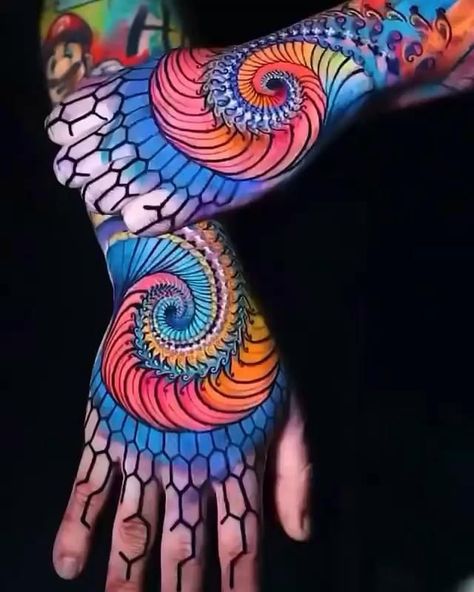 Tattoo Ink Colors, Full Hand Tattoo, Black Skull Tattoo, Bright Tattoos, Uv Tattoo, Cool Forearm Tattoos, Geometric Tattoos, Geometric Tattoo Design, Getting A Tattoo