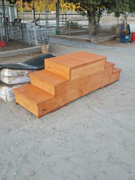 Wooden horse mounting block How To Build A Horse Mounting Block, Wooden Horse Mounting Block, Horse Mounting Block Diy, Diy Mounting Block, Horse Mounting Block, Horse Paddock, Horse Barn Ideas Stables, Horse Barn Plans, Horse Camp