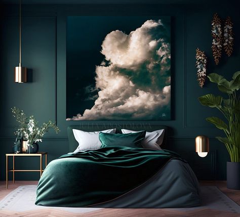 Dark Teal Bedroom, Teal Wall Art, Teal Bedroom, Dark Bedroom, Teal Walls, Oversized Art, Cloud Painting, Hotel Decor, Bedroom Green