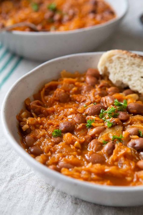 Sauerkraut and Bean Stew (Slovenian Jota) by The Minimalist Vegan. #veganjota #slovenianrecipes #slovenianstew #slovenianjota #veganstew #sauerkrautrecipe Vegan Stew, Sauerkraut Recipes, Bean Stew, Vegan Soups, Bean Recipes, Vegan Dinners, Other Recipes, Heart Healthy, Soups And Stews