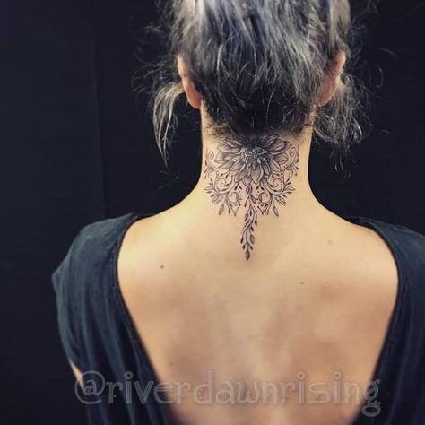 Henna Neck, Behind The Neck Tattoos, Left Tattoo, Neck Tattoo Cover Up, The Neck Tattoo, Back Of Neck Tattoos For Women, Neck Tattoo Women, Flower Neck Tattoo, Mandala Tattoos For Women