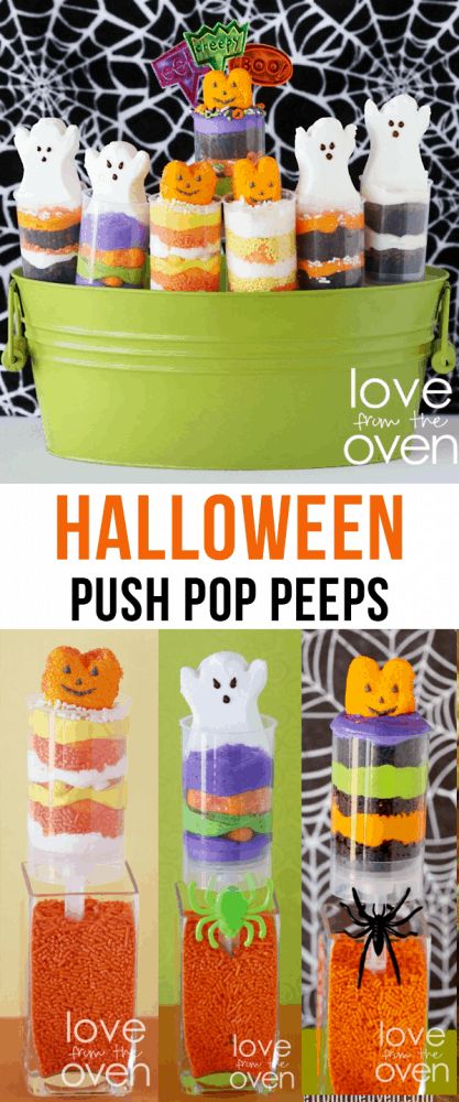 Halloween Push Pop Peeps • Love From The Oven Push Pops Recipes, Push Pop Desserts, Push Cake, Halloween Apps, Halloween Peeps, Fun Halloween Desserts, Cake Push Pops, Push Up Pops, Love From The Oven