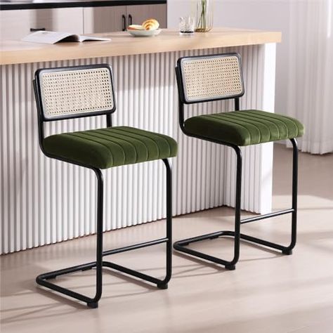 Chairs For Kitchen Island, Green Bar Stools, Rattan Counter Stools, Mid Century Modern Bar, Cool Bar Stools, Rattan Bar Stools, Condo Furniture, Stools For Kitchen Island, Leather Counter Stools