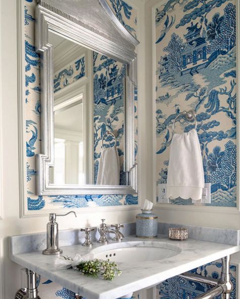 Blue Willow Lee Jofa Wallpaper ,Asian Inspired Powder Room, Wallpaper Inspiration, Blue Wallpaper Blue And White Chinoiserie Wallpaper, White Powder Room, Vintage Powder Room, Blue And White Chinoiserie, Powder Room Design, Chinoiserie Wallpaper, Chinoiserie Chic, Blue Bathroom, Bathroom Wallpaper