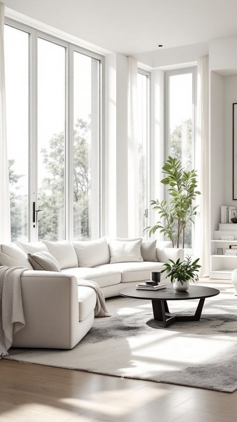 Transform your space with minimalist living room ideas that feel modern and serene 🛋️✨. Perfect for a clutter-free home! White Airy Living Room, Pure White Living Room, White Minimalist House, Minimalist Living Room Ideas, Serene Home, Minimalist Living Room Design, Rustic Kitchen Island, Room Aesthetics, Clutter Free Home