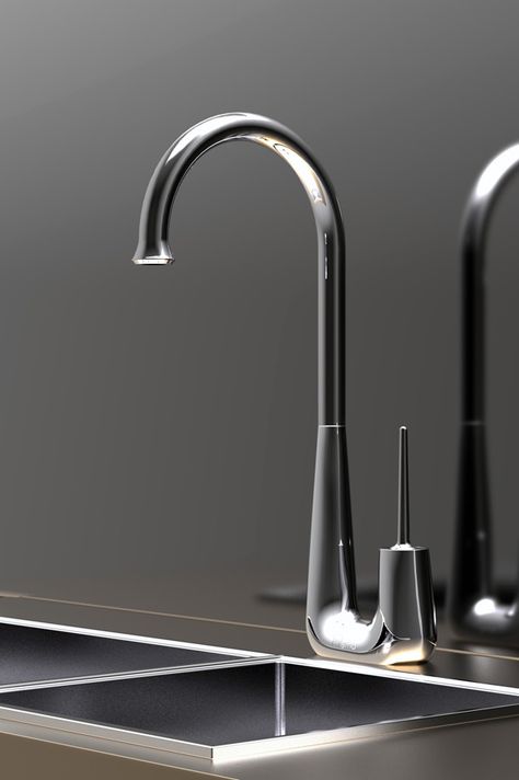 Elegant silver Swan faucet. Its proportions subtly combine heavy and light elements that maintain balance between spout and handle. Swan Faucet, Silver Faucet, Kitchen Faucet Design, Wayfinding Design, Silver Swan, 광고 디자인, Faucet Design, Heavy And Light, Toilet Design