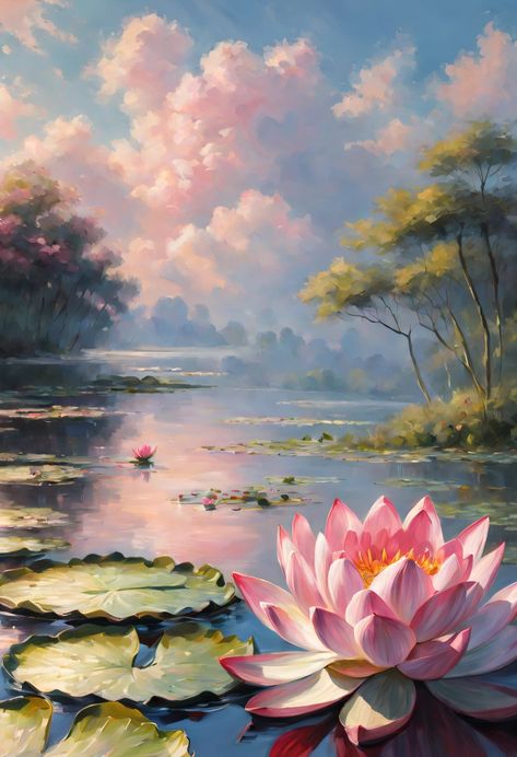 Waterlily Painting, Water Lilies Painting, Watercolor Lotus, Poster Color Painting, Pond Painting, Lotus Painting, Easy Flower Painting, Waterfall Paintings, Lily Painting