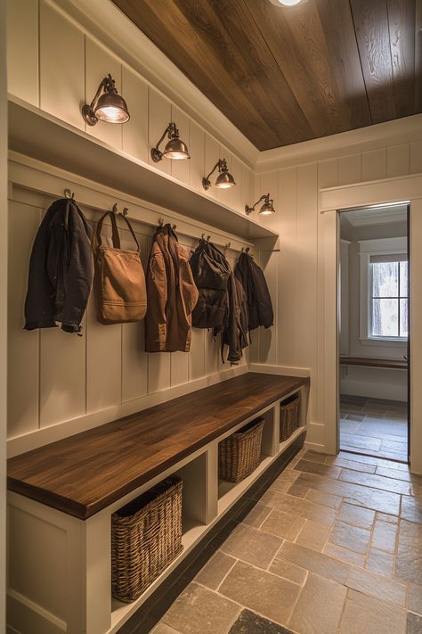 Mud Room Ideas Bench, Large Room Entryway, Mud Room Remodel Ideas, Mudroom No Windows, Mudroom With Wainscotting, Cabinets For Mudroom, Country Home Renovation, Mountain Cabin Entryway, Mudroom Entryway Decor